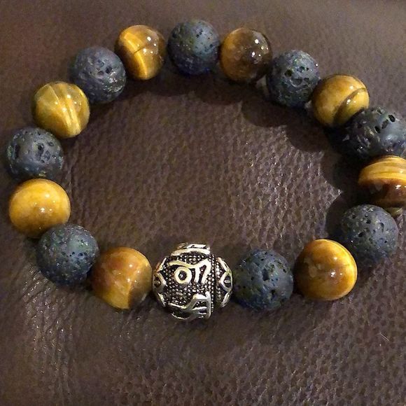 Tigers Eye, Lava and Sterling Silver Bracelet - Picture 9 of 12